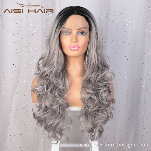 Aisi Hair Cosplay Synthetic Ombre Gray Dark Root Wig Long Wavy Swiss Lace Wig Body Wave Lace Frontal Hair Wigs For Black Women
